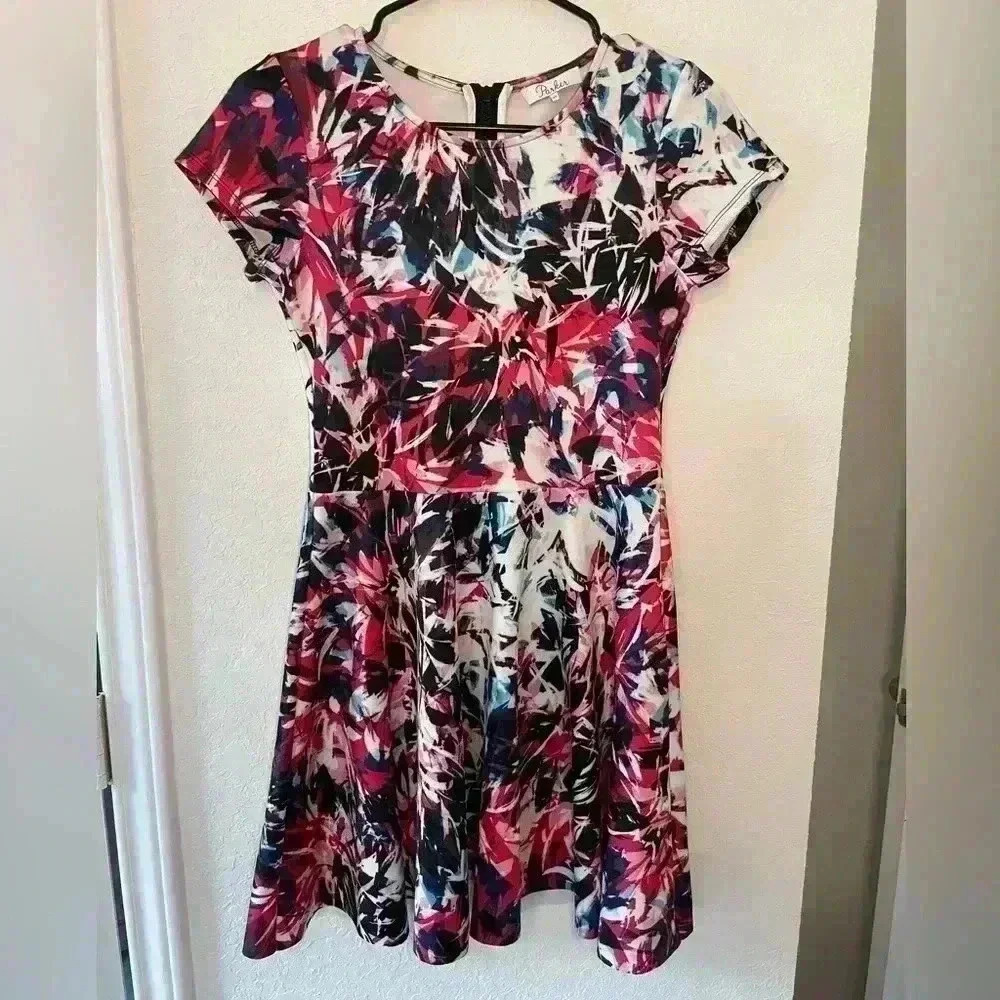 Parker Welch Cosmic Abstract Multicolor Brushstroke Fit Flare Mini Dress Sz XS